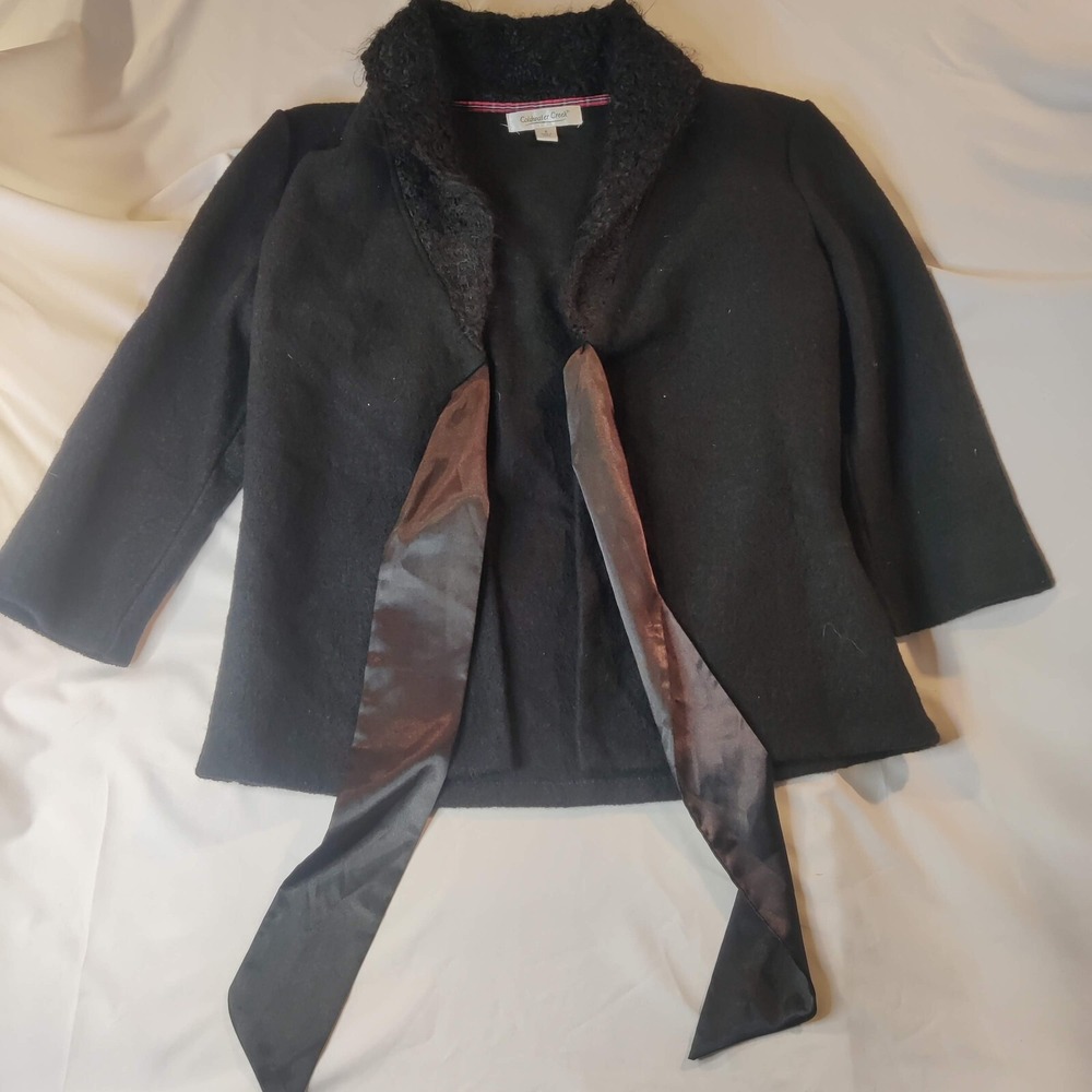 Coldwater Creek Women's Faux Fur Sweater W tie straps Black 100% Wool